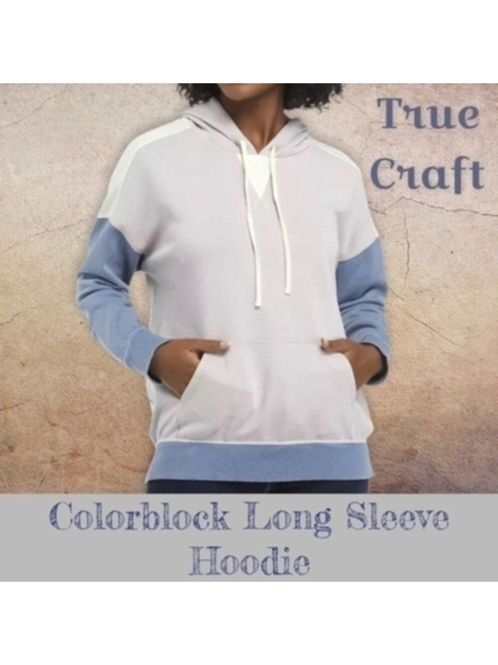 TRUE CRAFT Long Sleeve Color Block Pullover Cotton Hoodie-Lilac/Blue/Cream XL